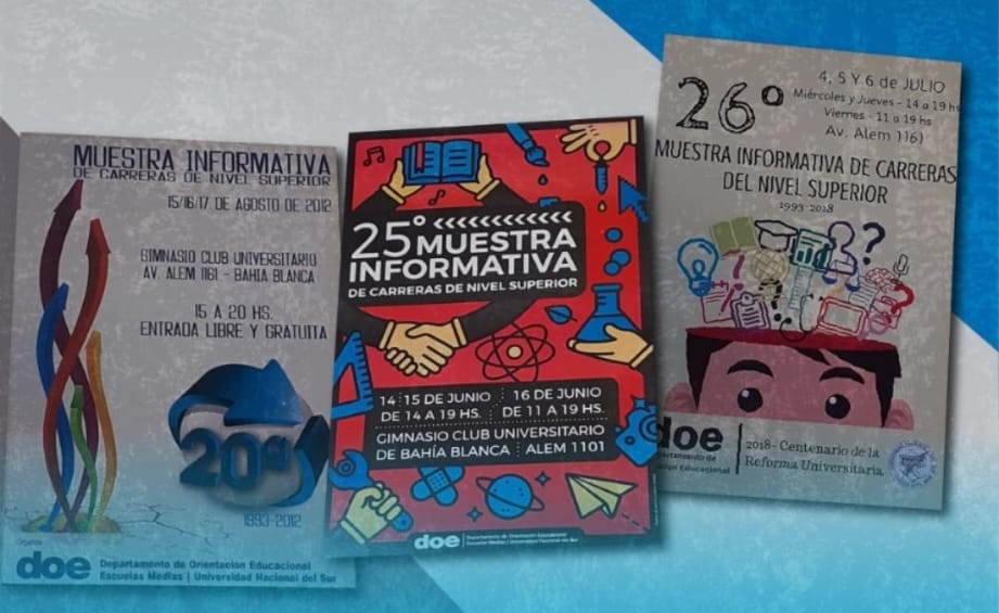 Afiches de ediciones anteriores de la Muestra Informativa de Carreras: 20°, 25° y 26° edición